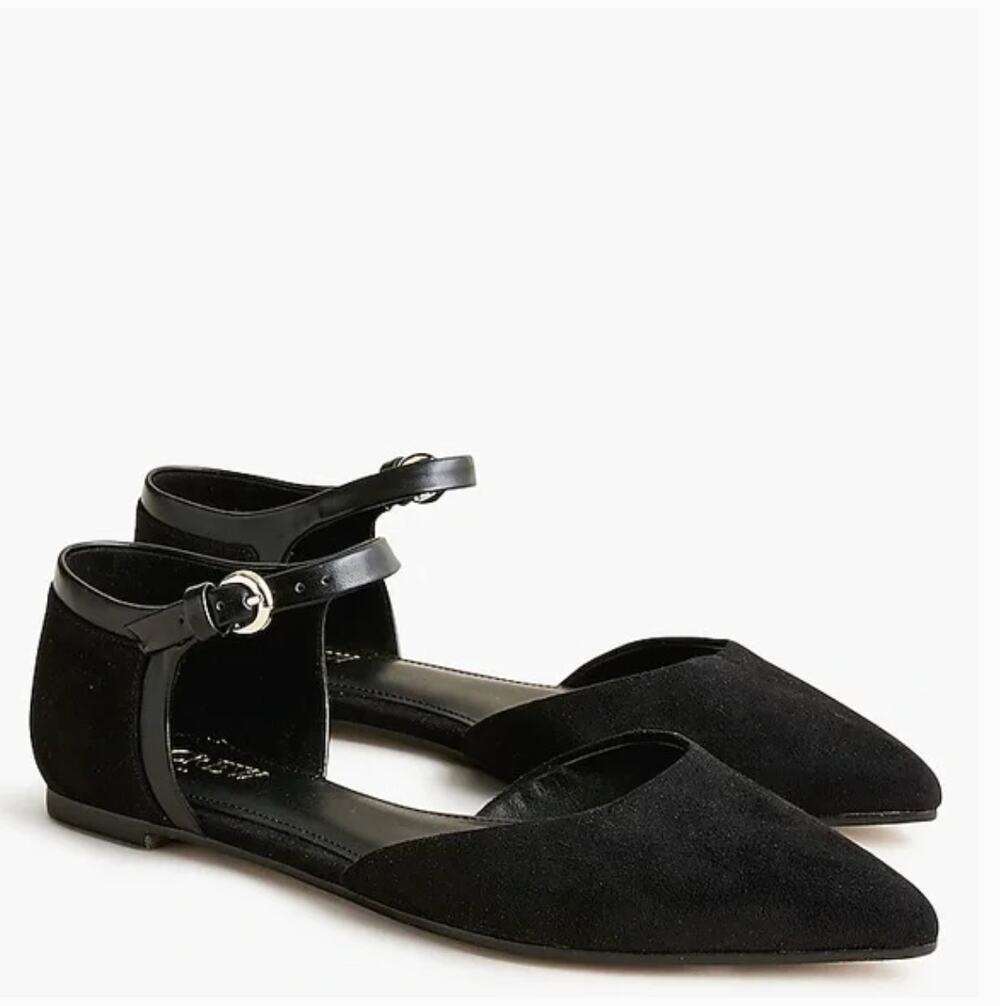 J Crew Pointed Toe Ankle Strap Flats 8.5 Black NWT D'Orsay Prep Vegan Suede